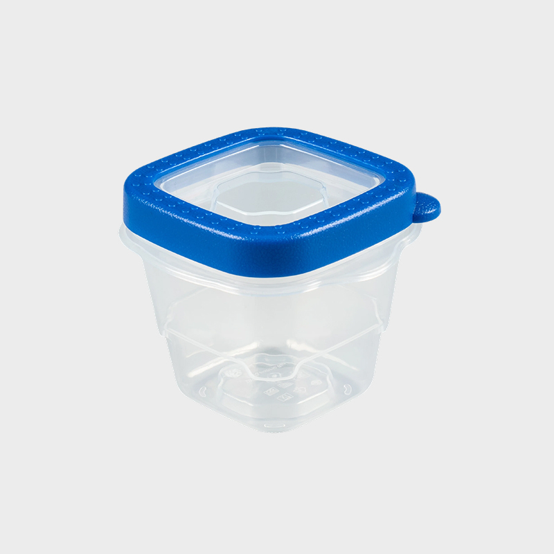 PFB023 Contenitore per conservazione alimentare quadrato in miniatura in PP da 118 ml (4 once), set da 4 confezioni con coperchi sovrastampati blu