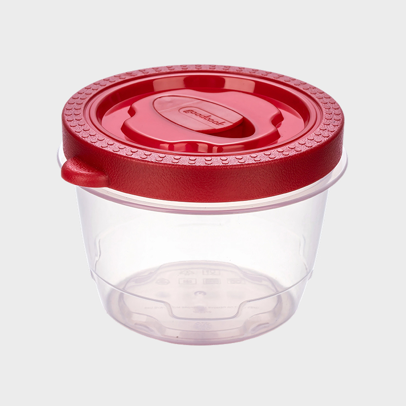 PFB052 Contenitore cilindrico per la conservazione degli alimenti in PP da 360 ml con coperchio sovrastampato rosso ventilato